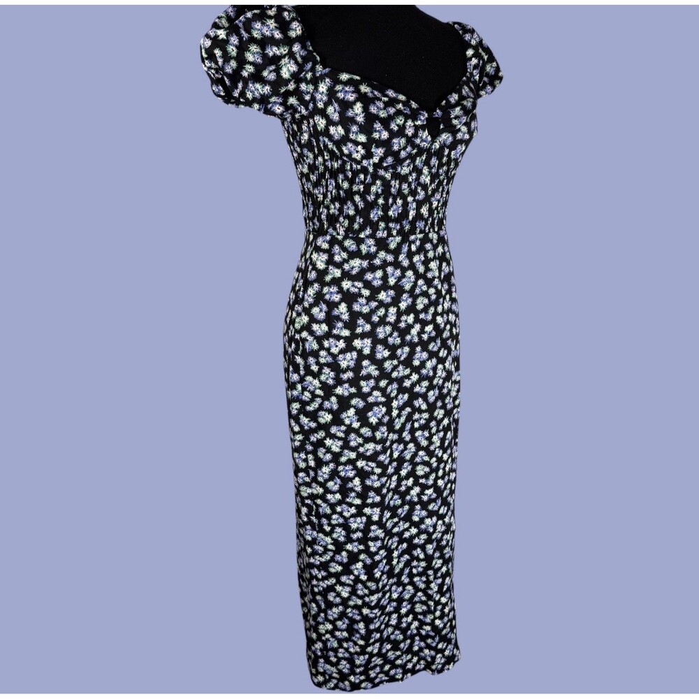 Zara Midi Dress Dark Floral Babydoll Smocked Cottagecore Linen Blend Medium